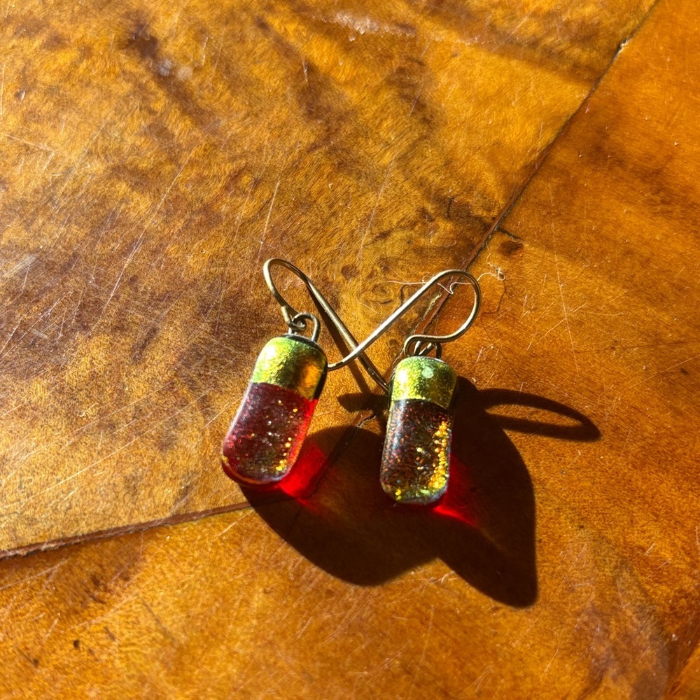 Gold and Red Glass Earrings